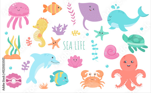 sea life marine animals vector set