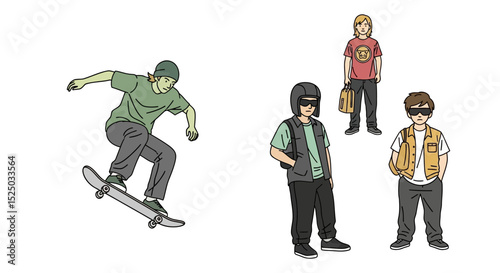 Skateboarding Illustration Diverse Group of Young Skaters