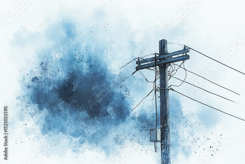 Watercolor Style Power Pole with Electrical Wires Against an Abstract Blue Cloud