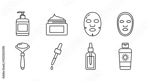 Skincare Routine Icons Line Art Illustrations of Face Cream, Mask, Serum, and More