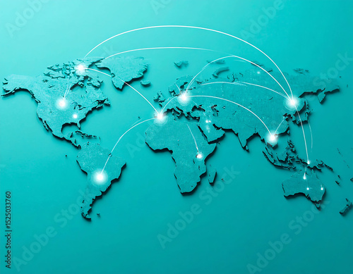 Global connectivity concept featuring a teal world map with illuminated connections.  Illustrates networking, business, logistics, and communications themes. Clean, modern design.