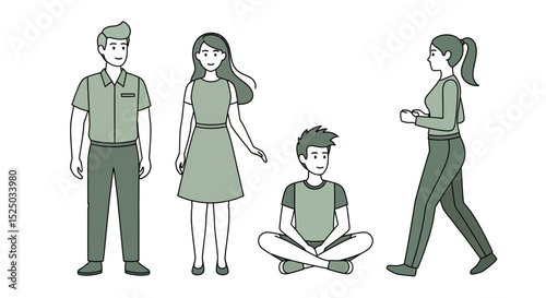 Diverse Group of People Illustrations Casual Poses, Vector Art