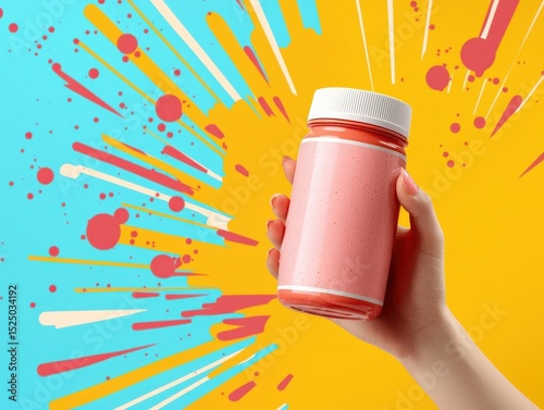 A pop art close-up of a hand holding a product, bold outlines, halftone patterns, vibrant retro colors, energetic and eye-catching composition.