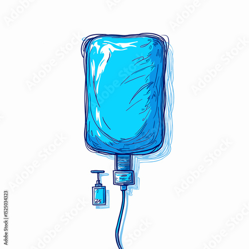 Medical IV bag and pump with clear tubing in blue color  