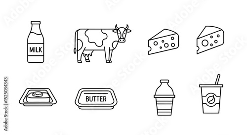 Dairy Products Line Icons Milk, Cheese, Butter, and More