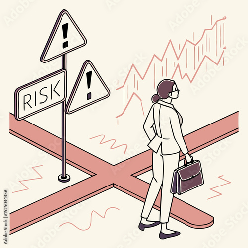 Businesswoman standing at a crossroads with caution signs, symbolising decision-making, risk management, career choices, and corporate uncertainty