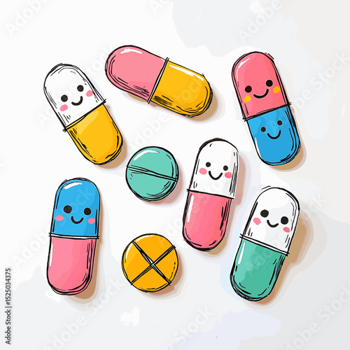 Colorful cartoon pills with smiling faces on a white background  