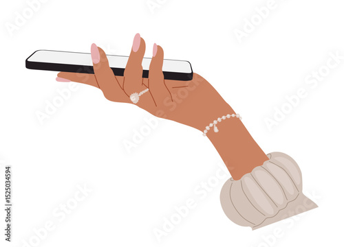 Vector illustration of glamorous female hand with elegant manicure and jewelry holding a smartphone with blank screen. Isolated on transparent background. Fashion, beauty, tech concept
