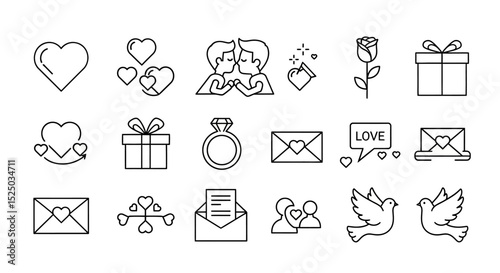 Valentine's Day Icon Set Love, Hearts, Romance, Wedding, Gift Illustrations