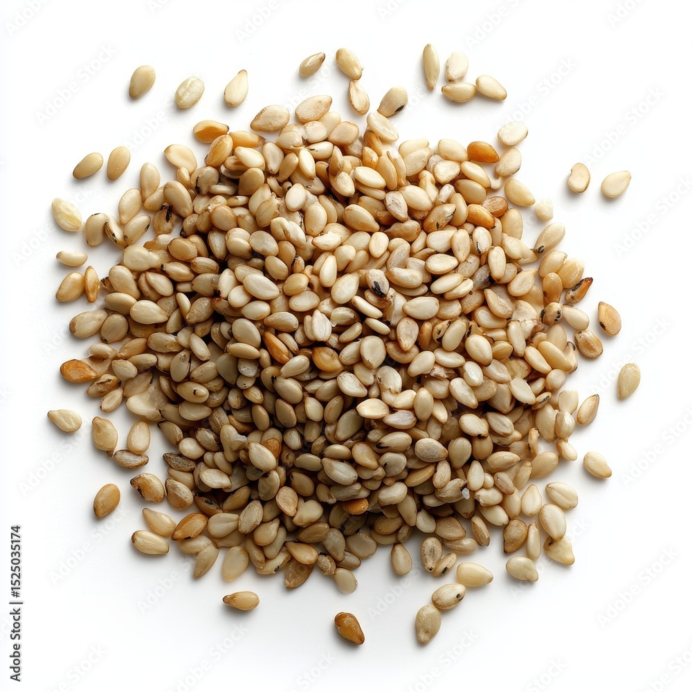 Fototapeta premium A close-up of nutritious sesame seeds scattered on a white background.
