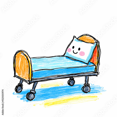 Cartoon hospital bed with smiling pillow in colorful drawing style - Concept of Naive drawings made by children - nurses and treatment in hospital  