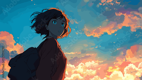 幻想的な空を見上げる女性のベクターイラスト