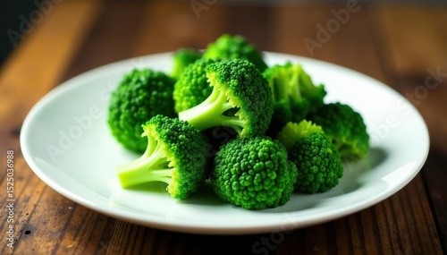 Tender steamed broccoli on pristine white plate; vibrant green hues, diet, healthy, tasty