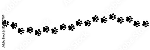 Paw print of a dog or cat. Footprint pet. Black lines animal prints isolated on white background. Tiger paws. Cute canine pattern. Puppy track. Feline step outline. Kitten leg. Vector illustration

