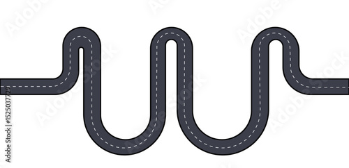 Winding road vector illustration, curved highway icon, black and white road graphic, abstract transportation route, dashed line path, asphalt driving symbol, infographic element