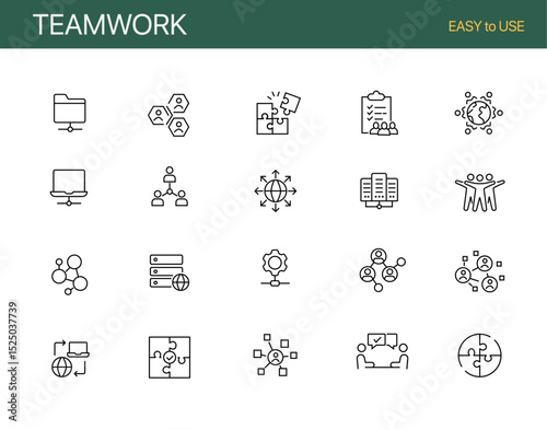 Set of teamwork related line icons. Together, partnership, cooperation etc. Editable stroke