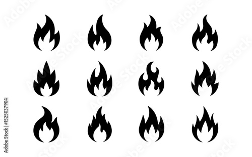 A Set of 12 Minimalist Black Flame Icons Vector Graphics for Design Projects