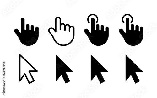 A Set of Eight Black and White Computer Cursor Icons Hand and Arrow Styles