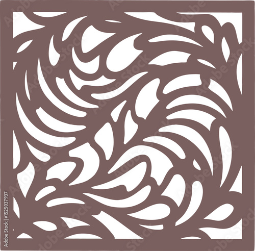 Abstract decorative square panel with swirling leafy pattern in earthy brown tone