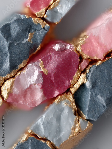 Macro image of textured stones in shades of gray and pink, accented with gold. Evokes luxury, geological formations, or abstract art. Use for backgrounds or design elements.