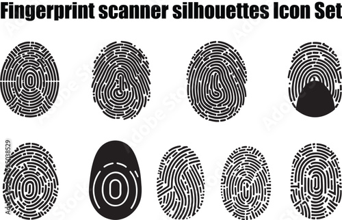 This image showcases a set of eight fingerprint silhouettes, each with a distinctive style.  The fingerprints are depicted in a minimalist, black-and-white design.
