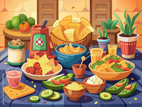 vector of A delicious selection of crispy chips and delicious dips for snacks suitable for parties and gatherings in a cozy kitchen environment with a high view...