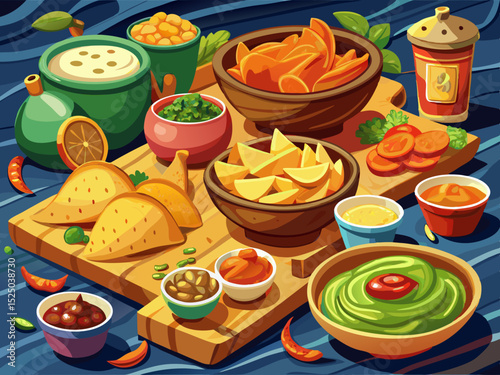 vector of A delicious selection of crispy chips and delicious dips for snacks suitable for parties and gatherings in a cozy kitchen environment with a high view...