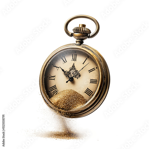 A vintage pocket watch, a symbolic metaphor for the passage of time as sand trickles away, illustrating the concept of time passing and its relentless nature.
