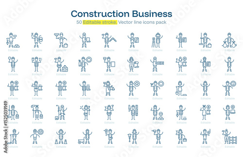Construction Business line icon pack. Construction Business Stroke icon set. Editable Stroke icon