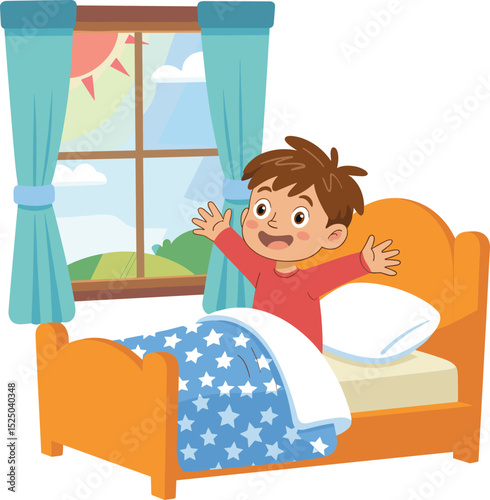 Happy child waking up in bed, bright morning sunlight, fresh start, energetic boy, cozy bedroom, wake-up cartoon scene