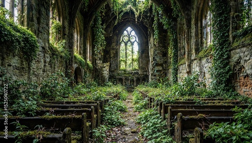 Overgrown ruined gothic church