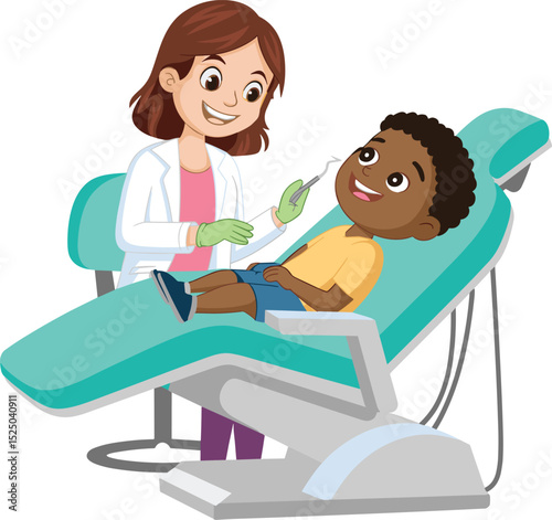 Smiling pediatric dentist attending to a happy child in a dental chair, emphasizing care, hygiene, and comfort for dental health.