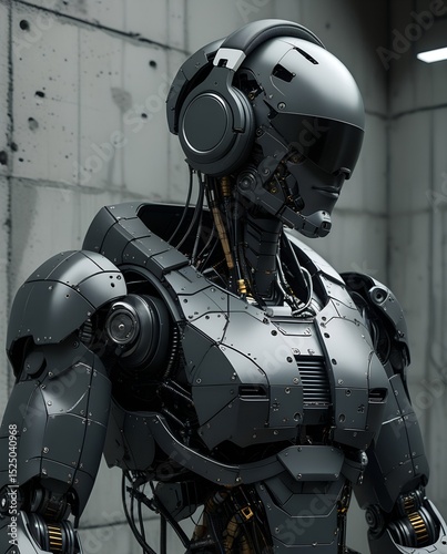 Hyperrealistic Dark Gray and Black Humanoid Robot with Headphones, Futuristic Robot, AI,