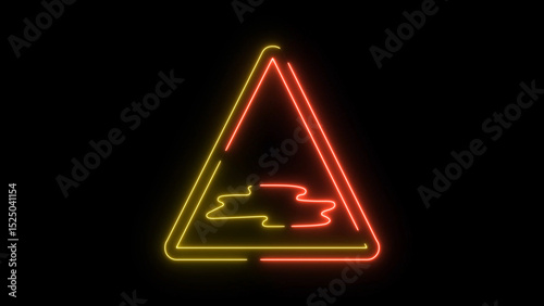 Neon Warning Sign with Liquid Spill on a Black Background for Safety Awareness This image