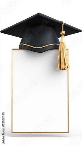3D graduation cap isolated on white background Graduation Cap with Blank Frame for Celebratory Announcement or Invitation