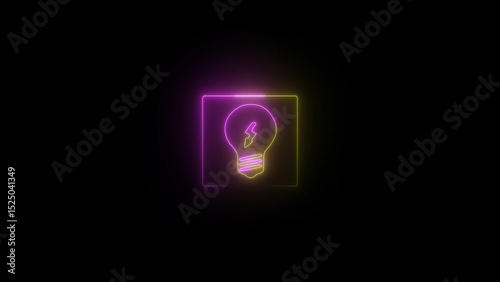 Neon Lightbulb Icon with Lightning Bolt on Black Background Idea Concept Innovation and Creativity neon