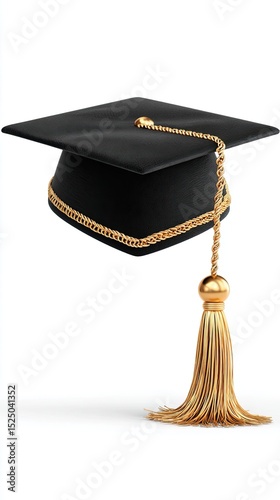 3D graduation cap Elegant Black Graduation Cap with Golden Tassel Isolated on White Background