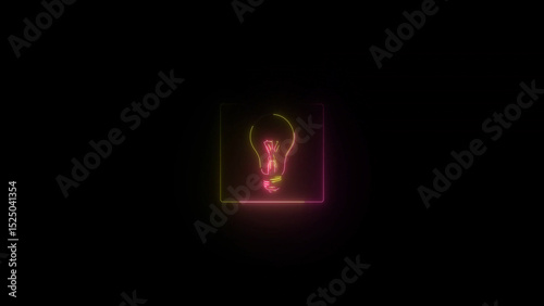 Neon Lightbulb Icon in a Square Frame on a Black Background Idea Concept neon lightbulb