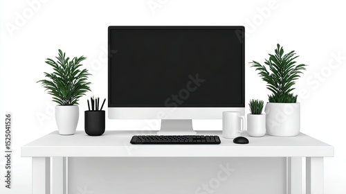 3D office desktop setup isolated on white background Modern Minimalist Home Office Setup with Computer and Green Plants