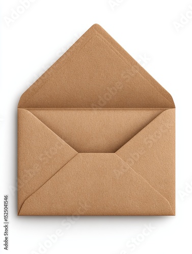 3D open envelope Brown Paper Envelope with Classic Triangular Flap on White Background