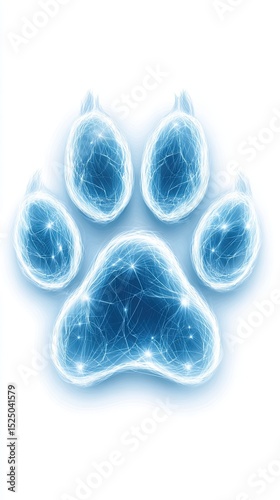 3D paw print Glowing Blue Paw Print with Bright Light Trails on White Background