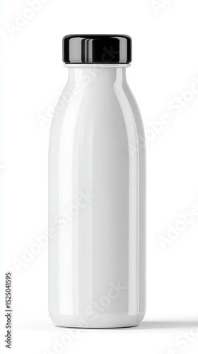 A Modern Minimalist Water Bottle with Black Lid on White Background