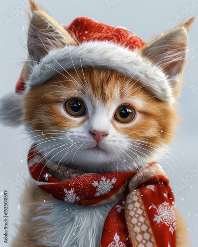 An adorable ginger kitten with big eyes wearing a red Christmas hat and patterned scarf stands against a snowy background.
