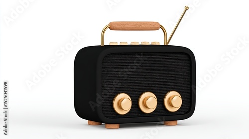 A Retro Black Radio with Wooden Handle and Gold Knobs on White Background