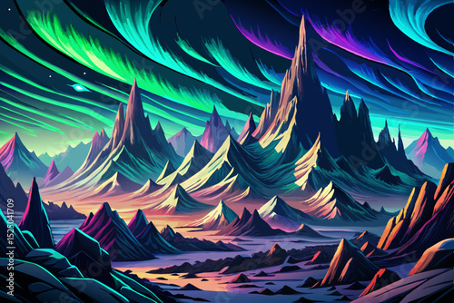 Vector illustration of a mountainous region illuminated by the glowing aurora borealis in the night sky ideal for surreal nature scenes, fantasy, and travel art