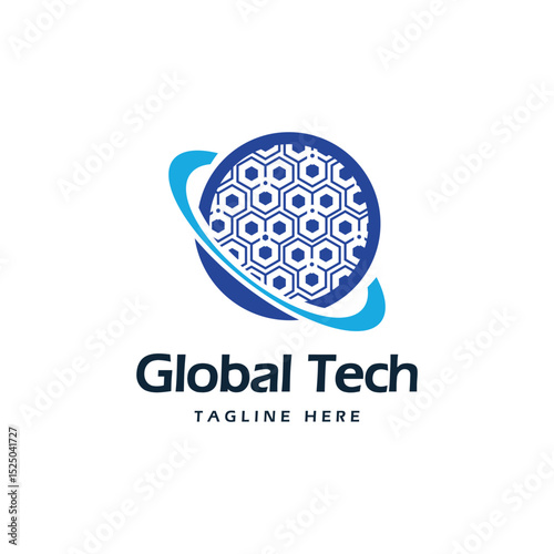 global tech data bit hexagonal shapes technology logo design for business startup 