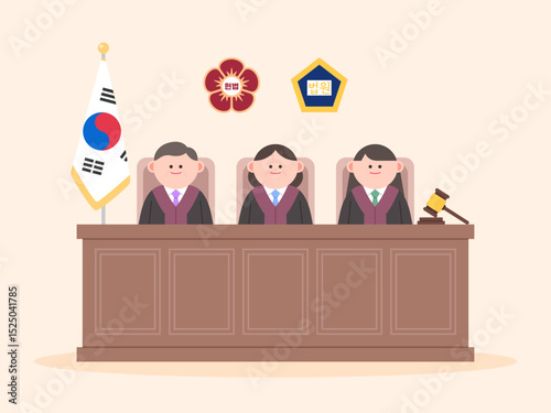 Judges are sitting on the court bench. Korean : Constitution, Court.