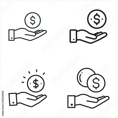 Vector line art icons of hand holding dollar coin, money transfer, payment, income, donation, financial transaction, isolated on white