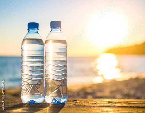夕陽に照らされるペットボトルの水