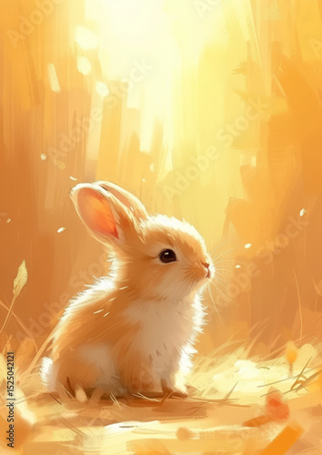 a fluffy little bunny sitting on the ground, with a soft golden light streaming from above, creating a glowing effect around the animal and giving the scene a tender and magical quality.